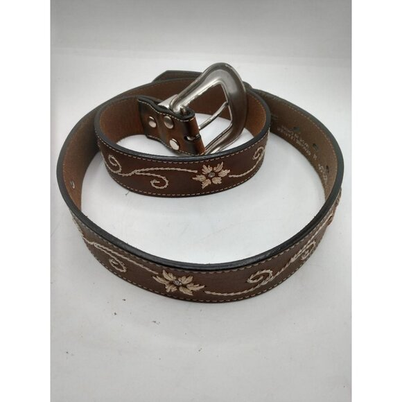 Nocona Western Embroidered Brown Leather Belt With Ornate Silver Buckle & Rhines - Picture 5 of 10